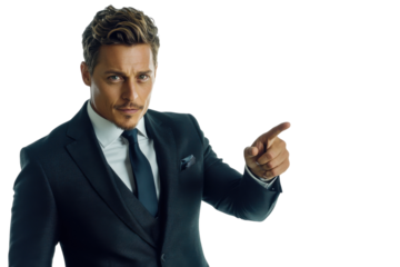 Confident businessman pointing with a serious expression in a formal suit against a white background