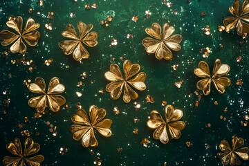 Elegant golden clover leaves scattered on a dark green surface with shimmering confetti, celebrating St. Patrick's Day with a touc