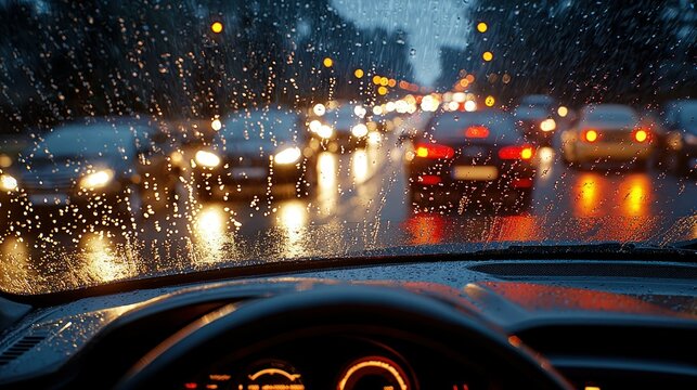 Rainy night traffic jam viewed from inside a car.