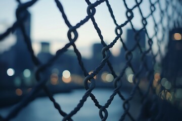 Cityscape viewed through a chain link fence at dusk.