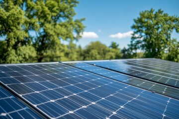 Solar Panels Array on Rooftop with Blue Sky and Green Trees on Sunny Day