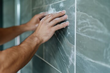 A close-up view of hands spreading grout on a textured stone shower wall, showcasing the intricate details of home renovation and tile work in progress.