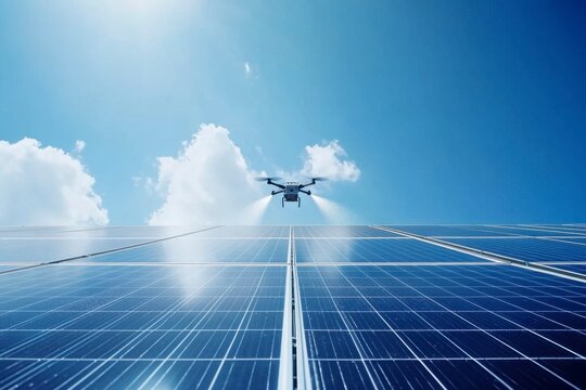 Drone Cleans Solar Panels With Spray On Sunny Sky Background