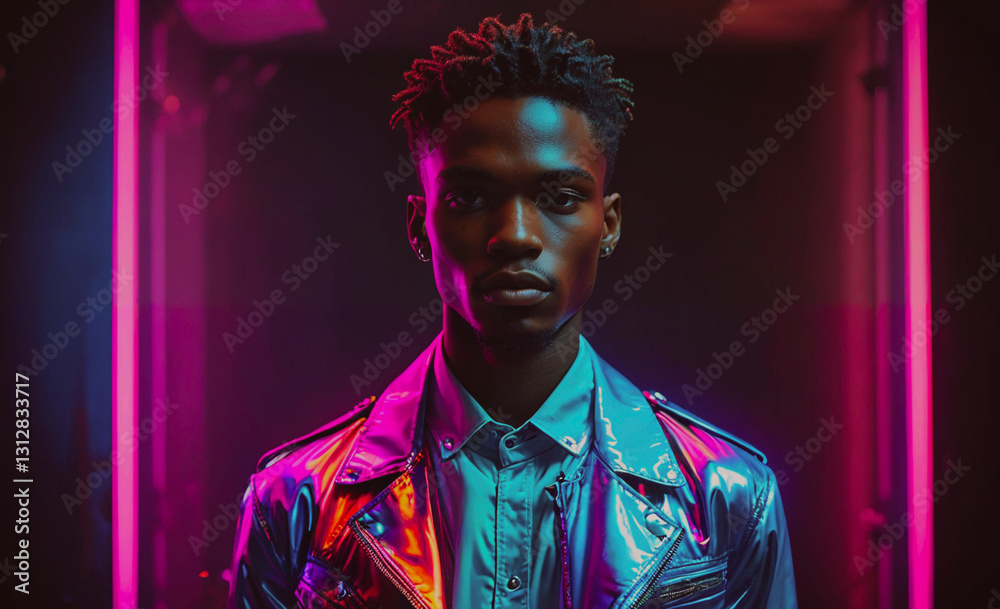 Poster Man in a shiny jacket stands in front of a neon light. The image has a futuristic and edgy vibe, with the neon lights adding a sense of mystery and intrigue