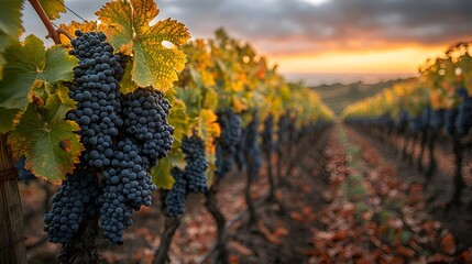 Autumn vineyard sunset, ripe grapes