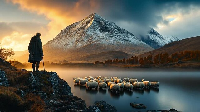 Solitary Shepherd: A lone shepherd watches over his flock of sheep at the edge of a serene lake, with a majestic snow-capped mountain rising in the background.