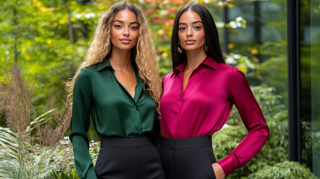 Two young women in stylish satin blouses pose against a lush green backdrop. Emerald and magenta hues complement their sophisticated attire.