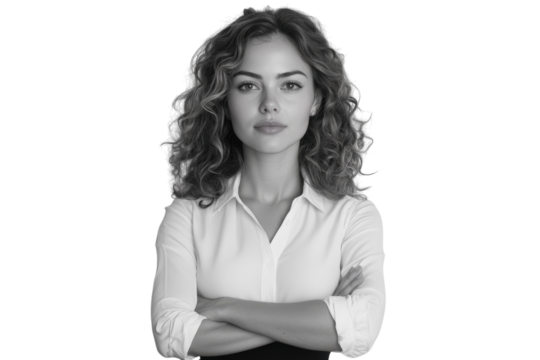 Confident young woman with curly hair posing with arms crossed in a minimalist setting