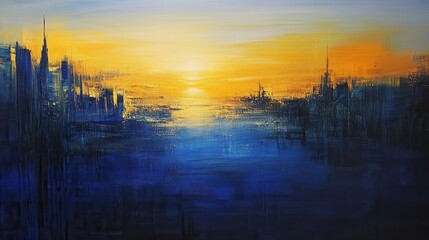 Naklejka premium A dramatic cityscape is depicted in blue and golden hues, featuring an impasto textured style that emphasizes rich, tactile brushstrokes.