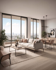 Fototapeta premium Stylish beige minimalist living room with city view from large second floor window creating a bright and open atmosphere Interior Design Inspiration