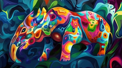 Obraz premium A vibrant, abstract depiction of an elephant surrounded by colorful swirls and patterns.