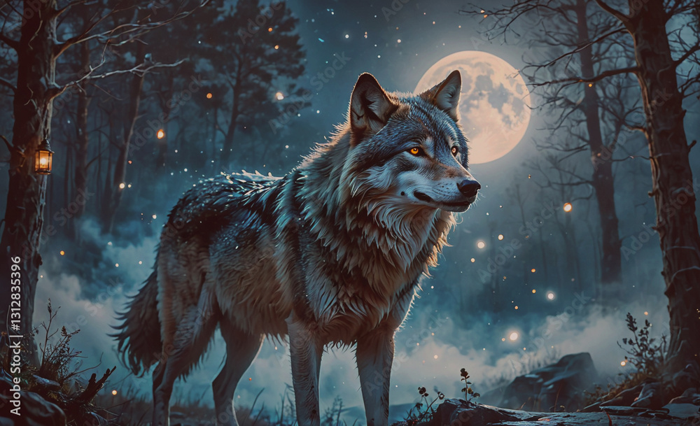 Poster wolf is standing in a forest at night, with a full moon in the background. the image has a mysteriou