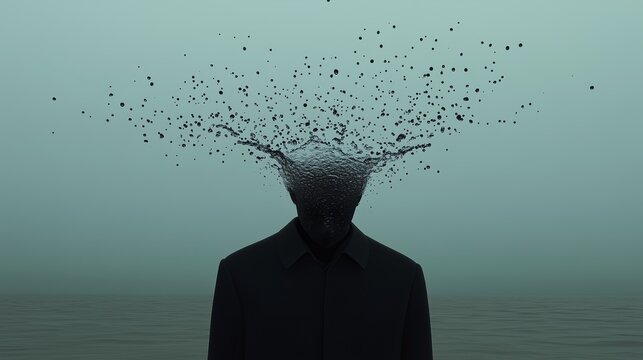 Surreal Image of a Faceless Figure with Exploding Water Droplets from the Head, Set Against a Calm Ocean and Misty Sky Background
