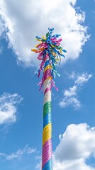 Colorful Maypole Spring Festival Tradition Bright Sky Clouds