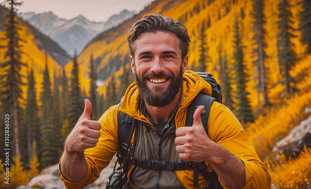 Aufkleber Man with a beard and a backpack is smiling and giving thumbs up. He is in a yellow jacket and is surrounded by trees