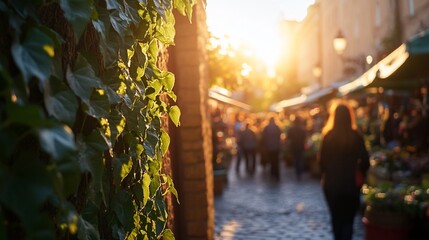Sunlit ivy vines frame a bustling, cobblestone market street at sunset.