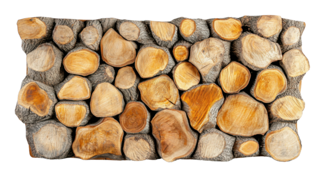 Pile of wood logs showing growth rings on transparent background