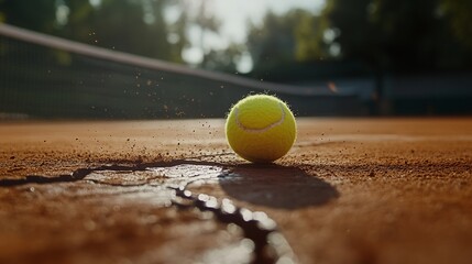 Tennis ball bouncing on clay court, sunlit.