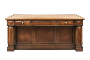 Leather-bound executive desk with brass studs isolated on transparent white background