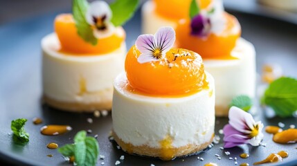 Elegant Mini Cheesecakes Topped With Apricot And Flowers