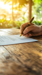 Professional hand signing legal document using pen, wooden surface bathed in natural light, corporate workspace environment