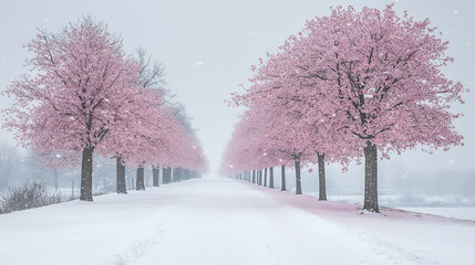 Obraz premium snowy path with cherry blossom trees