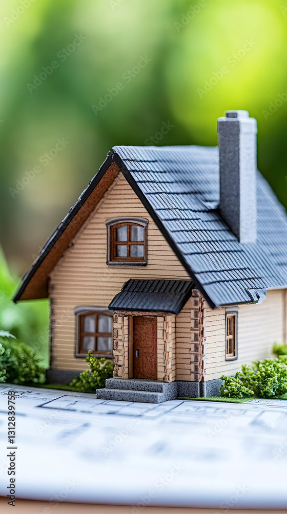 Poster miniature house model placed on architectural plans, green background blurring symbolizing eco-frien
