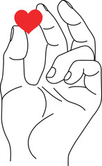 A linear drawing of a hand holding a small red heart. It symbolizes love, care, support, donations and donation. Perfect for Valentine's Day themes, charity, and social assistance.
