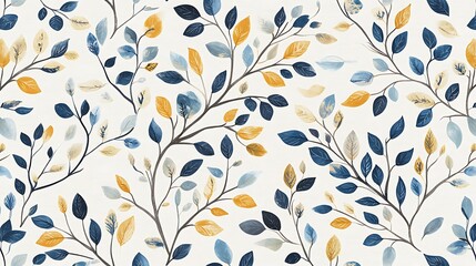 Elegant seamless pattern featuring delicate blue and gold leaves on a white backdrop