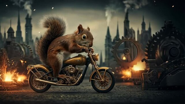 Cute squirrel using tiny motorbike with sparking engines around