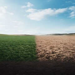 Contrasting landscapes: lush green field and arid dry land  under blue sky
