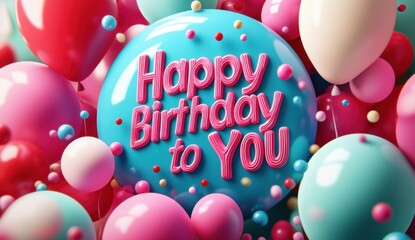 3D text "Happy Birthday to You", colorful balloons and confetti background, vibrant colors, playful atmosphere, cartoon style a bright color palette, cute design elements Generative AI