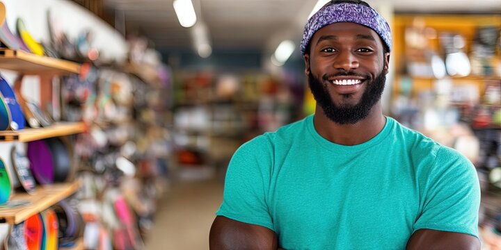 photo of friendly entrepreneur standing in skateboard store  - Powered by Adobe
