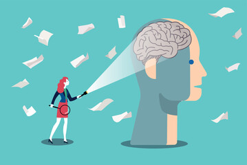 Psychologist woman holding flashlight and magnifying glass exploring human mind, symbolizing exploration of mental health through psychotherapy.