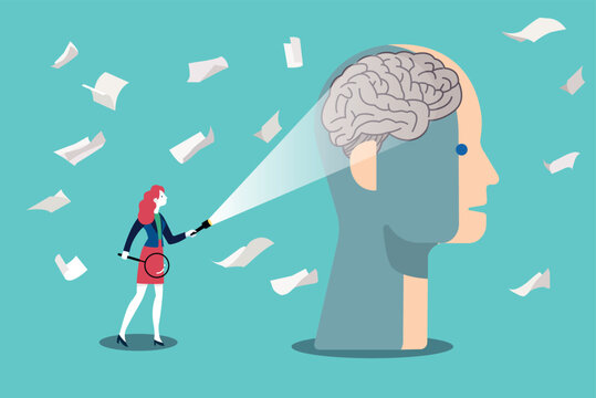 Psychologist woman holding flashlight and magnifying glass exploring human mind, symbolizing exploration of mental health through psychotherapy.