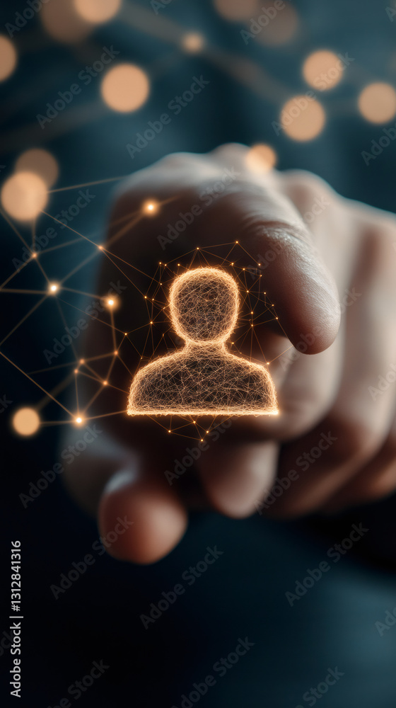 Poster businessman touching a futuristic user icon made of connections and dots, user interface, technology
