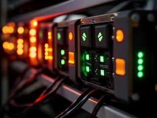 Obraz premium Close-up of server rack with illuminated components and cables.