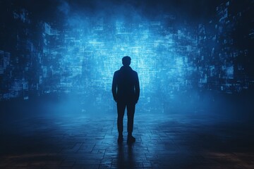 Person stands in silhouette before an abstract digital display in a darkened space with blue light emanating