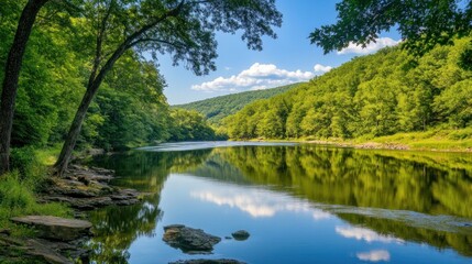 Obraz premium Serene River Valley, Sunlight on Calm Water