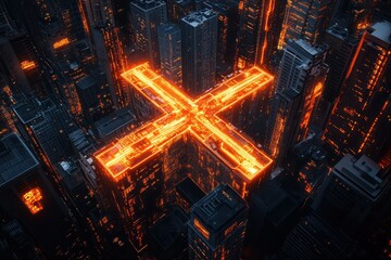 Glowing X across futuristic city at night; digital art