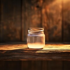 Empty glass jar with frosted edges, softly illuminated by golden hour light, placed on a weathered wooden shelf, ultra-detailed and nostalgic