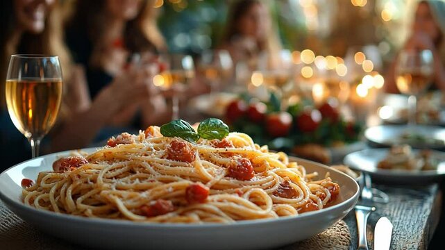 Festive Feast: A tantalizing plate of spaghetti with tomato sauce takes center stage, accompanied by glasses of wine. A celebratory gathering, where friends and family gather to share a moment.