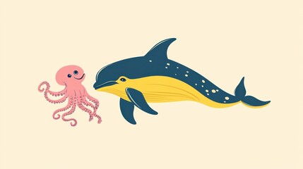 Fototapeta premium Cute Dolphin and Octopus in Ocean