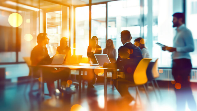 Blurred people silhouettes working in office, manager strategy, teamwork brainstorming, abstract business background
