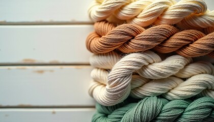 Stranded in skeins embroidery floss thread in earthy pastel colors, close-up, arranged in row on white wooden background, copy space. Handicrafts, knitting, hobby concept. National Craft Month