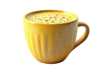 Hot beverage in a yellow ceramic mug on a clean white background during a cozy morning routine