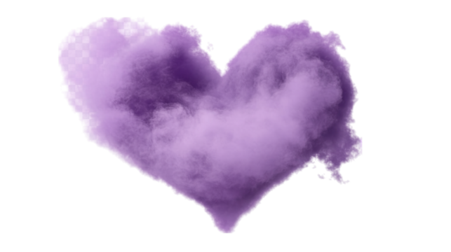 Fluffy heart-shaped purple cloud, isolated on transparent white background. 