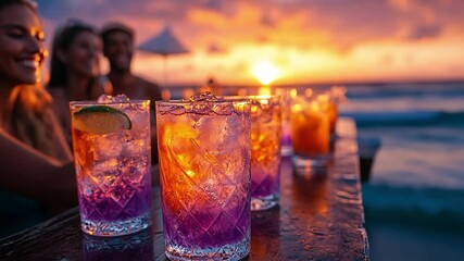 Coastal Cocktails and Golden Hour: A vibrant scene unfolds as friends gather at a beach bar, enjoying colorful cocktails against the backdrop of a breathtaking sunset.