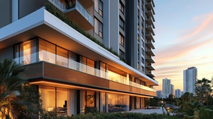 Obraz premium Modern high-rise residential building with a rooftop garden and panoramic city views 
