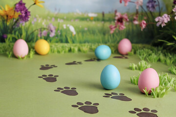 Colorful Easter eggs surrounded by playful paw prints in a vibrant spring landscape